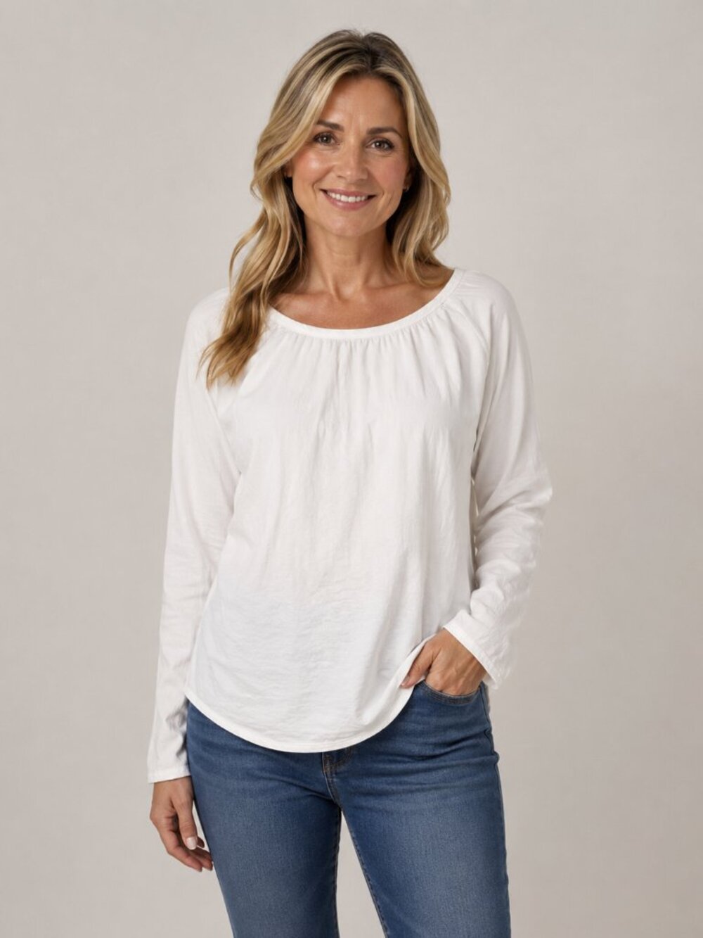 COS White Scoop Neck Cinched Front Top Minimalist Long Sleeve Pullover Blouse M